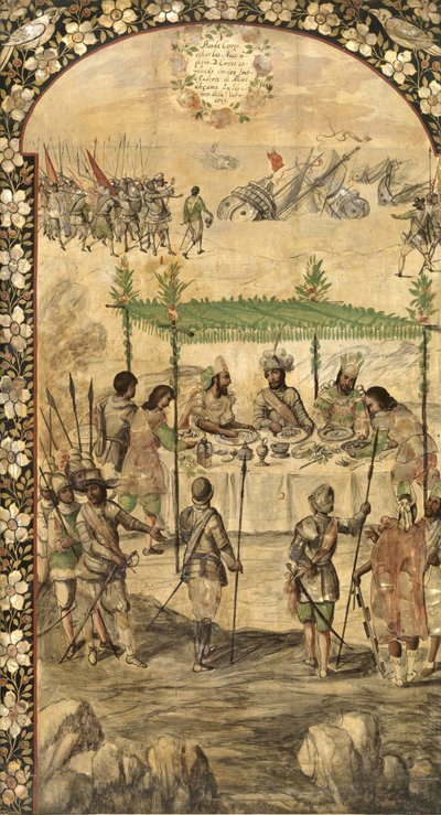Hernan Cortes beveelt de vernietiging van de schepen en ontmoet de ambassadeurs van Montezuma in 1520 door Miguel and Juan Gonzalez