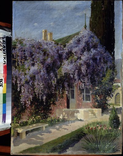 Een huis omgeven door blauwe regen door Mikhail Alexandrovich Alisov