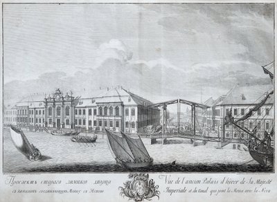 Uitzicht op het tweede Winterpaleis met het kanaal dat de Moika met de Neva verbindt, 1753 door Mikhail Ivanovich Makhaev