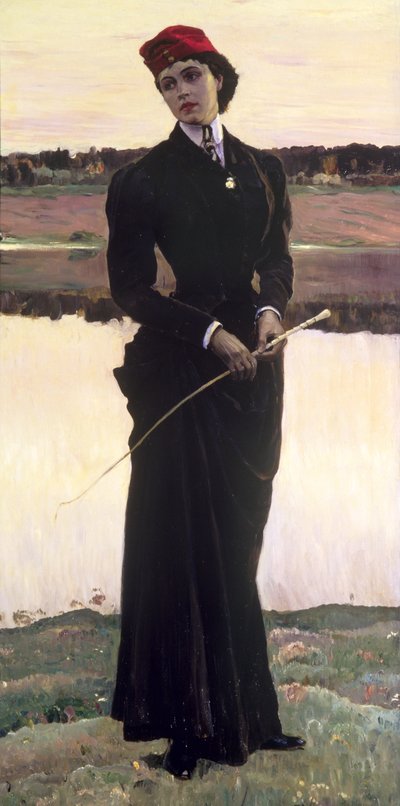 Portret van Olga Nesterova of, Vrouw in een rijgewaad, 1906 door Mikhail Vasilievich Nesterov