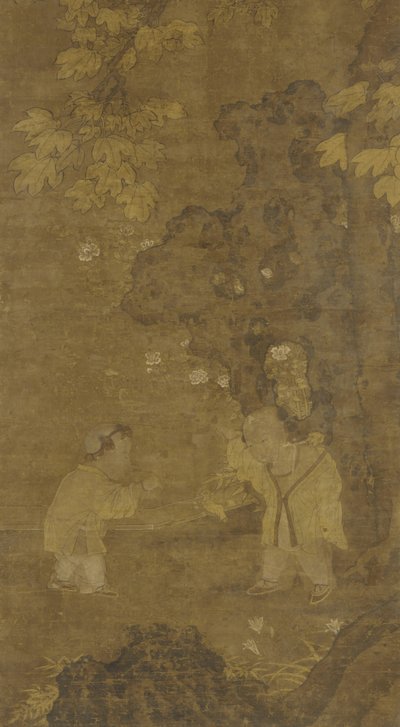 Twee jongens die met de pop van een leeuw spelen, 15e-16e eeuw door Ming Dynasty Chinese School