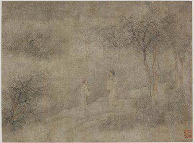 Twee Mannen die Lopen in een Mistig Bos door Ming Dynasty Chinese School