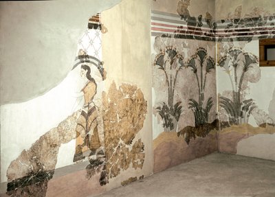 Minoïsche kunst: De vrouw met lelies. Fresco uit Akrotiri op Santorini. 16e eeuw v.Chr. Athene, Nationaal Archeologisch Museum door Minoan