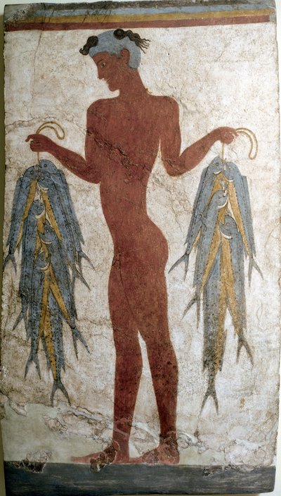 Minoïsche kunst: Visser. Fresco uit Akrotiri op Santorini. 16e eeuw v.Chr. Athene, Nationaal Archeologisch Museum door Minoan