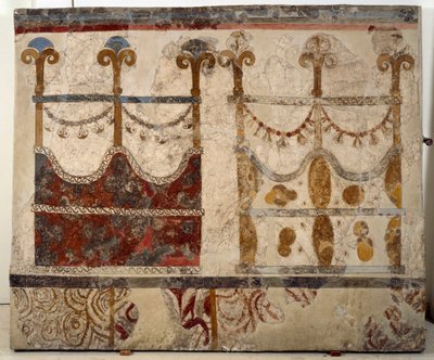 Minoïsche beschaving: voorstelling van twee portalen. Fresco uit het lustrale bassin van het Xeste 3 gebouw van Akrotiri (Thera), Santorini door Minoan