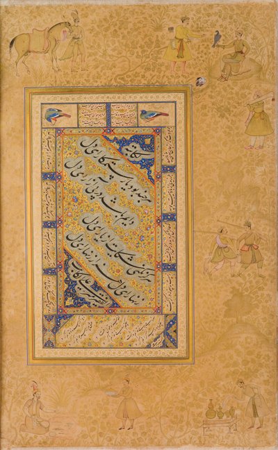 Bladzijde uit een Album gemaakt voor Jahangir, recto, rectokalligrafie eerste helft 16e eeuw; verso afbeelding ca.1590; album ca.1608-19 (aquarel, goud en inkt op papier) door Mir Ali Al Husayni