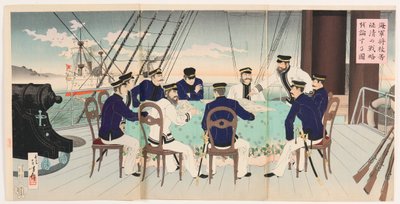 Marineofficieren bespreken strijdstrategieën voor de onderwerping van China door Mizuno Toshikata
