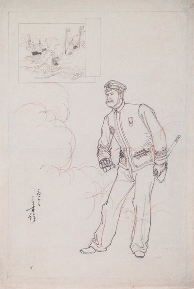 Voorbereidende tekening voor een houtsnede die een Japanse marineofficier tijdens de Chinees-Japanse oorlog afbeeldt door Mizuno Toshikata