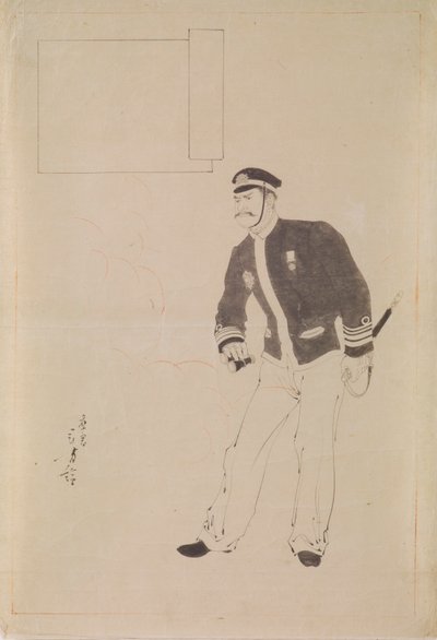 Voorbereidende tekening voor een houtsnede die een Japanse marineofficier tijdens de Sino-Japanse Oorlog afbeeldt door Mizuno Toshikata