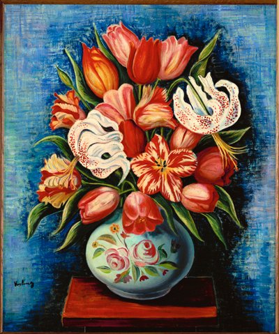 Boeket bloemen, tulpen en lelies (olieverf op doek) door Moise Kisling