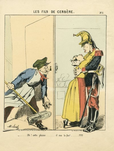 Vliegend blad, nummer 5, satirisch in kleuren: Les fils de cerbere - Commune de Paris/Oorlog/Belegering, Amour - Illustratie door Moloch (1849-1909) door Moloch