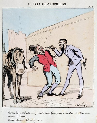 HE. EX. EX. Motoredons: Cartoon over transport in de stad. Een bourgeois vraagt beleefd een koetsier om hem te rijden terwijl hij hem met geweren bedreigt. Tekening door Moloch (1849-1909), rond 1860 door Moloch