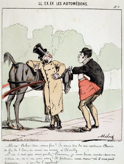 HE. EX. EX. Motoredons: Cartoon van transport in de stad. Een bourgeois die de koets vroeg hem naar Gare de l