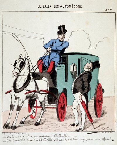 HE. EX. EX. Motoredons: Cartoon over transport in de stad. Een koetsier weigert een bourgeois naar Belleville (wijk van Parijs) te brengen. Tekening door Moloch (1849-1909), rond 1860 door Moloch