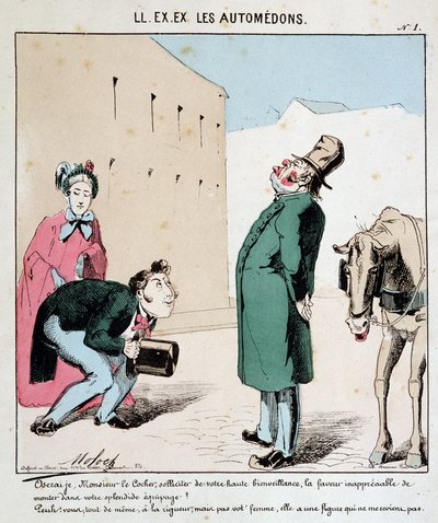 HE. EX. EX. Motoredons: Cartoon van transport in de stad. Een man smeekt een koetsier om hem en zijn vrouw te vervoeren. De hooghartige koetsier weigert de vrouw toe te laten. Tekening door Moloch (1849-1909), rond 1860. door Moloch