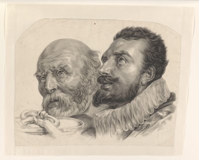 Koppen van twee mannen die een sleutel aanbieden door Monogrammist AC