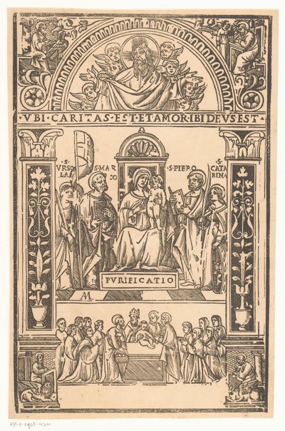 Maria met Kind en heiligen door Monogrammist AM (prentmaker 16e eeuw)