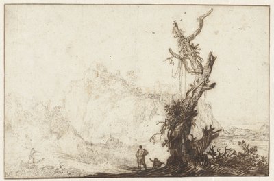Bergachtig landschap met op de voorgrond een kale boom door Monogrammist BVB