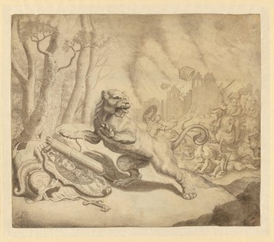 De Nederlandse leeuw zoekt hulp bij Willem III, 1672 door Monogrammist ESB (tekenaar) (signed by artist)