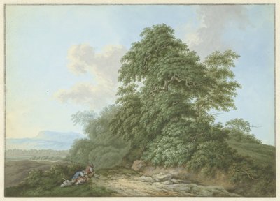 Landschap met rustende reizigers langs een weg door Monogrammist FWH (possibly)