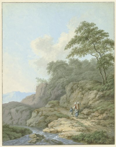 Landschap met vrouw en jongen onderweg door Monogrammist FWH (possibly)