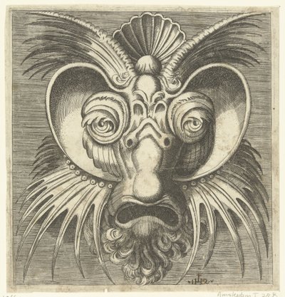 Masker met schotels rond de ogen en spits getande kuiven op de wangen en het voorhoofd door Monogrammist IHS