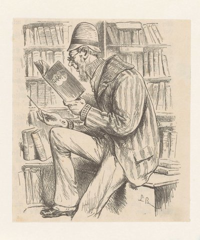 Man in een boekwinkel door Monogrammist LB (Duitsland 19e eeuw)