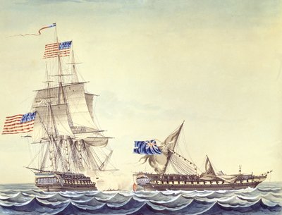Marinegevecht tussen het U.S. fregat Constitution en H.M. fregat Java (aquarel op papier) door Montardier Montardier