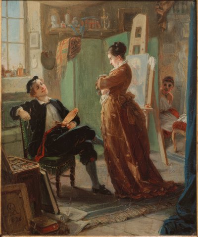 Een schilder in het atelier met vrouw en model door Moritz Daniel Oppenheim