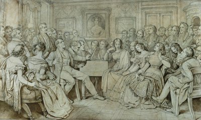 Een avond bij Baron Spaun, Schubert aan de piano, tenor Johann Michael Vogl zingt ... (inkt, sepia) door Moritz Ludwig von Schwind