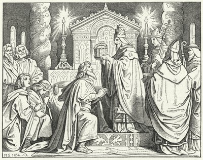 Kroning van Karel de Grote als Heilige Roomse Keizer, 800 (gravure) door Moritz Ludwig von Schwind