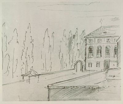 Gevel van het Haus zum goldenen Mondschein bij de Karlskirche, Wenen, waar Schwind woonde ... door Moritz Ludwig von Schwind