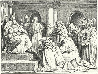 De gezanten van kalief Harun al-Rashid brengen geschenken aan keizer Karel de Grote, 802 door Moritz Ludwig von Schwind