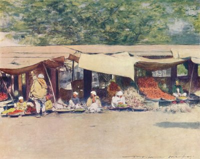 Marktdag in Peshawur, 1905 door Mortimer Ludington Menpes
