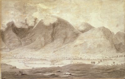 Panoramisch Uitzicht op Derwentwater en de Vale of Keswick, detail van Skiddaw en Keswick door Moses Griffith