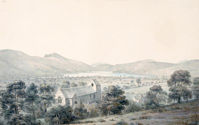 Uitzicht op Bala Pool, Llyntagit, van boven Llanfawr Kerk, Meirionethshire door Moses Griffith