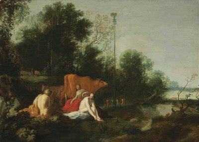 Duits: Pan und Nymphen beim Baden Landschap met sater, nimfen en vee door Moses van Uyttenbroeck