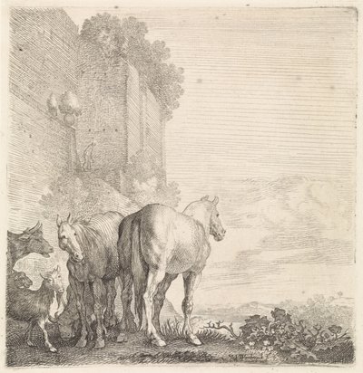 Twee paarden met geiten en een koe bij een hoge (stads)muur door Moyses van Wtenbrouck