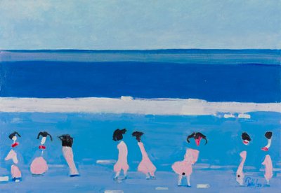 Roze figuren op het blauwe strand door Mr PETTO