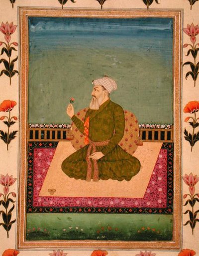 Een heerser zittend op een tapijt of terras, met een bloem, uit het Small Clive Album door Mughal School