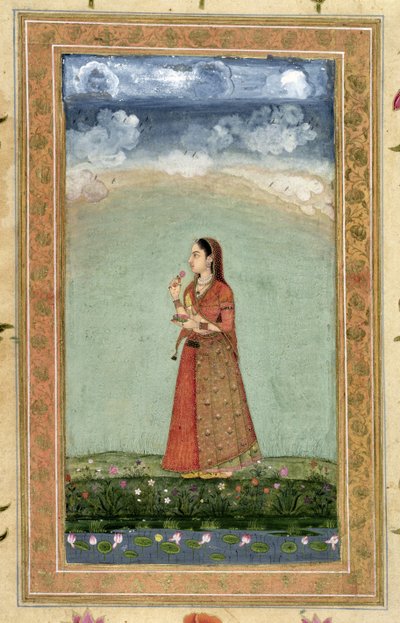 Dame met een kom rozen, uit het Kleine Clive Album door Mughal School