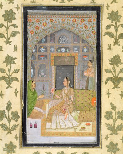 Dame zittend in een paviljoen met bedienden, uit het Small Clive Album door Mughal School