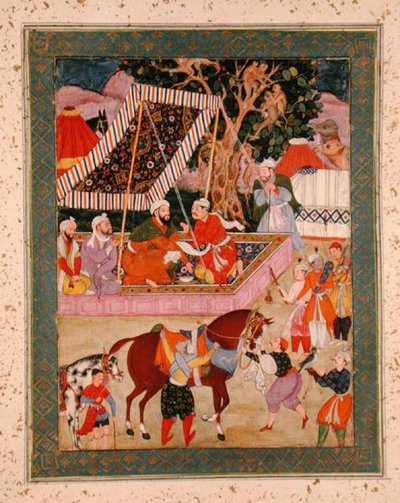 Scène tijdens een valkenjacht, uit het Grote Clive Album, c.1570 door Mughal School