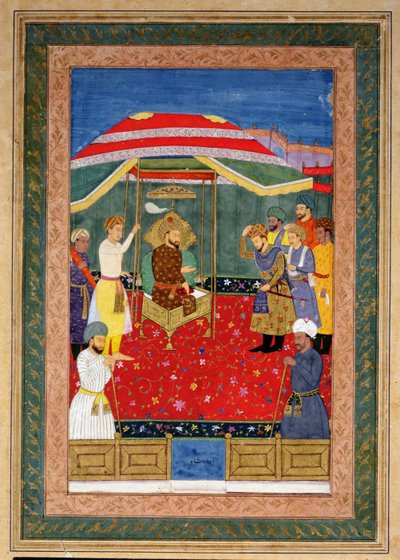 De Mughal-keizer Babur (1526-30) zittend op een troon ontvangt een prins, Johnson Album I, nr. 3 genummerd 65 door Mughal School