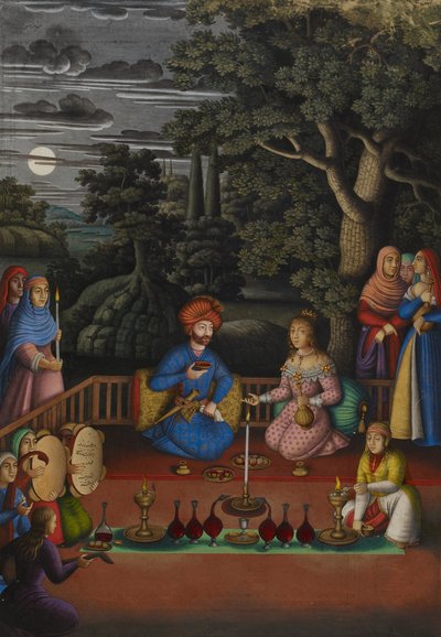 Episode uit het verhaal van de Indiase prinses: Bezoek van koning Turktazī aan de magische tuin van Turktaz, koningin van de feeën, MS OR.2265, f.221v door Muhammad Zaman