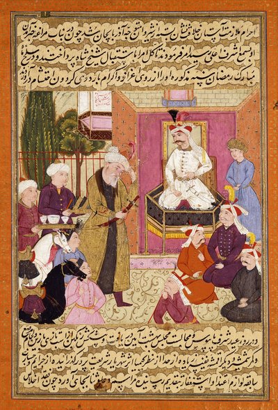 Shah Abbas op weg tussen Sherwan en Azerbeidzjan, ontvangt Sher Shah, c. 1688 door Muin Musavvir