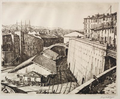 Treinenschuur, Marseille door Muirhead Bone