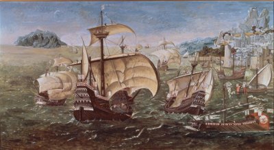 Portugese schepen aan een rotsachtige kust – 16e eeuw – kopie van het origineel uit het Greenwich Museum door Munday John