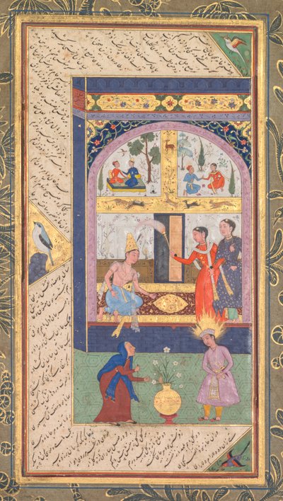 Zulaykha in haar paleis en als oude vrouw met Joseph, uit een Panj Ganj Vijf Schatten..., 1603-1 door Mushfiq