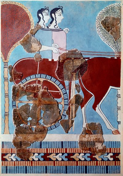Myceense kunst: koppel op een tank. Fragment van fresco uit het paleis van Tiryns en reconstructie door Mycenaean